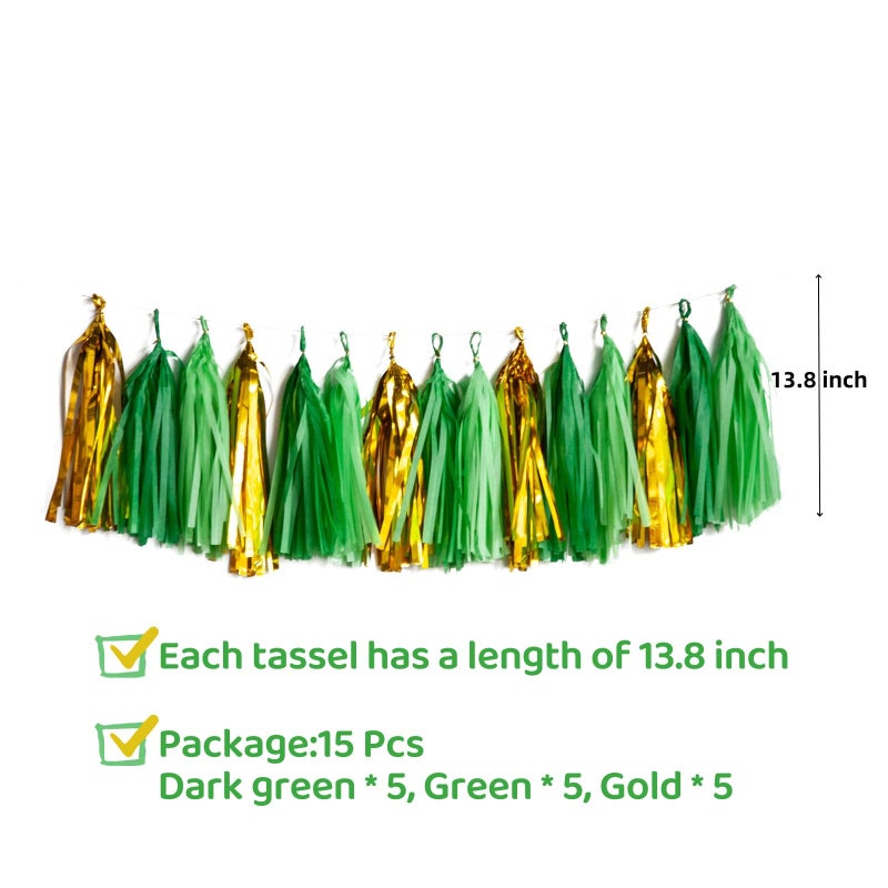 Capesaro Green and Gold Tassel Garland,Tissue Tassel Banner for Party Decorations,Pack of 15 - Image 2